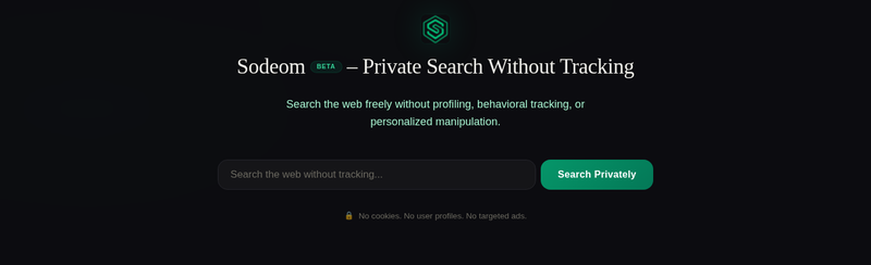 The Sodeom search engine homepage: private search without tracking